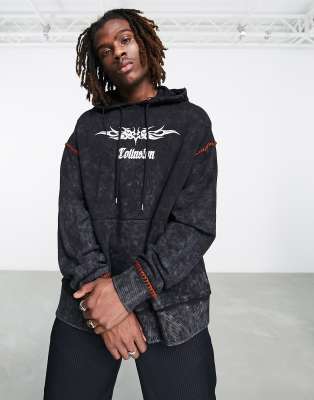 Sweat à Capuche Collusion Unisexe Noir XS – Imprimé Graphique, Coton Doux