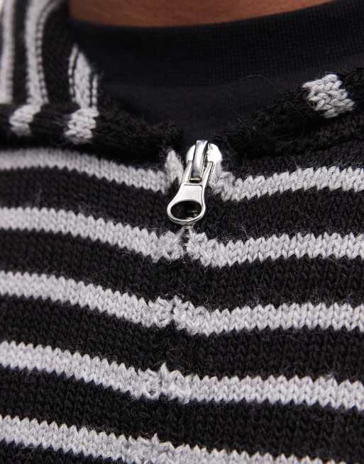 COLLUSION - Sweat à capuche coupe carrée en maille rayée avec fermeture éclair - Noir, 4 de 5