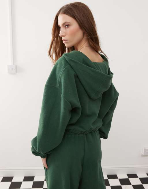 COLLUSION - Sweat à capuche court et zippé style rétro en molleton - Vert, 4 de 4