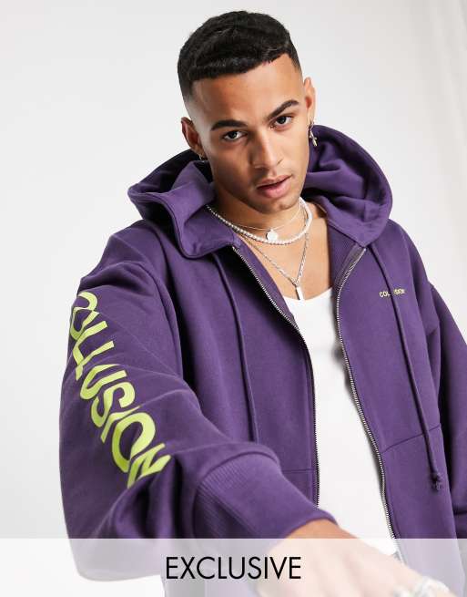 COLLUSION - Sweat à capuche zippé avec logo - Violet foncé