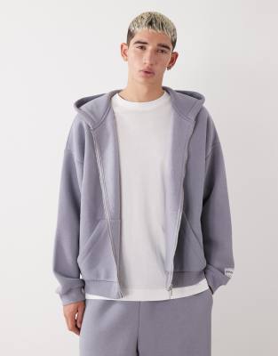 COLLUSION - Sweat à capuche zippé coupe carrée en tissu épais - Bleu ardoise-Gris