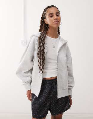 COLLUSION - Sweat à capuche zippé coupe carrée - Gris chiné