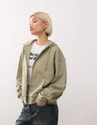 Sweat à capuche zippé coupe carrée - Gris chiné-Vert XS