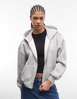 Sweat à capuche zippé coupe carrée - Gris chiné L