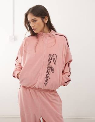 Sweat d'ensemble zippé en velours brodé - Vieux rose XS