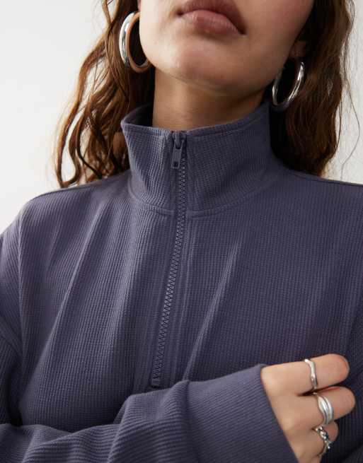 COLLUSION - Sweater met opstaande boord en rits in wafel leigrijs met wassing, 3 van 4
