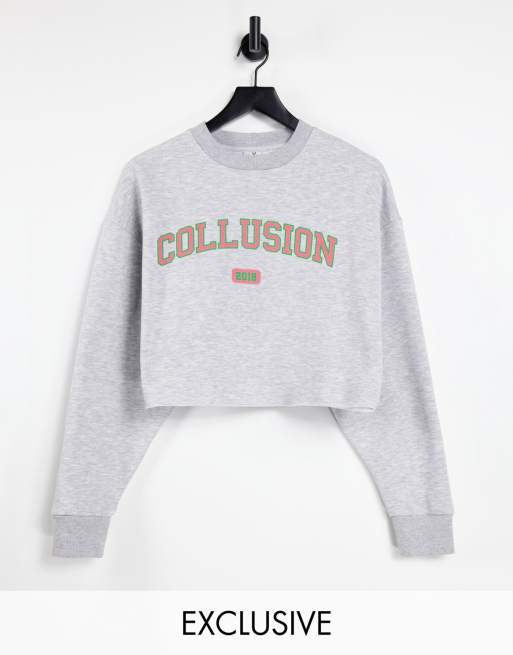 COLLUSION - Sweatshirt met varsity-print in gemêleerd grijs, deel van co-ord set