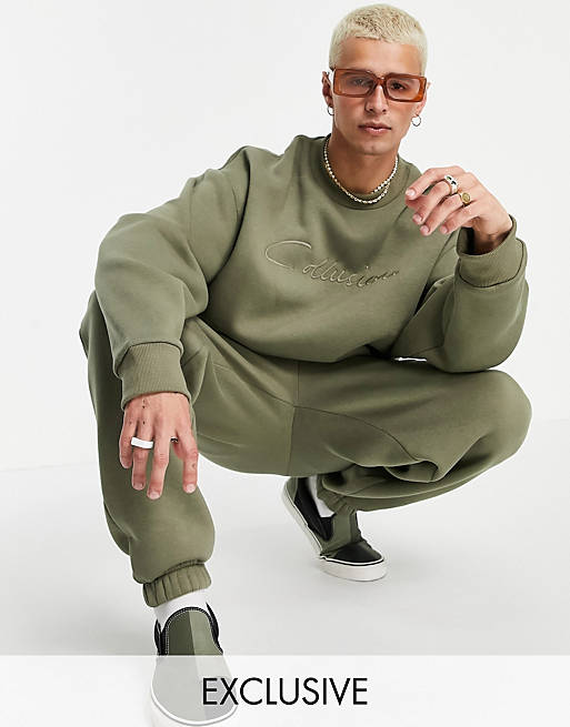 COLLUSION sweatshirt with embroidered logo in khaki co-ord