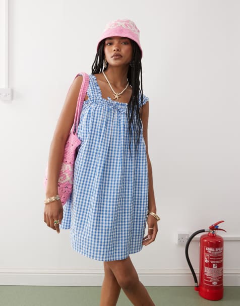COLLUSION swing mini dress in blue and white gingham - view 1