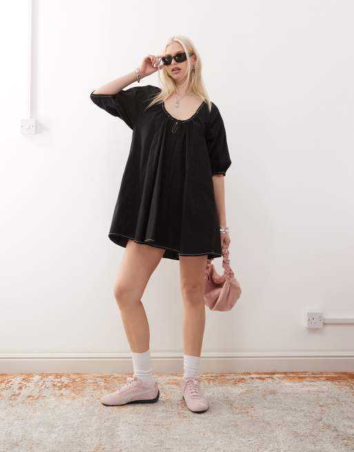 COLLUSION puff sleeve mini smock swing dress in black