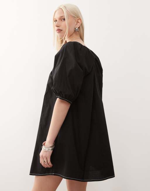 COLLUSION puff sleeve mini smock swing dress in black