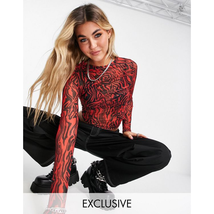 COLLUSION swirl mesh long sleeve crop in red