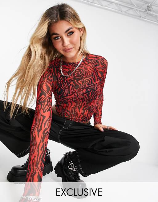 Red mesh store top long sleeve