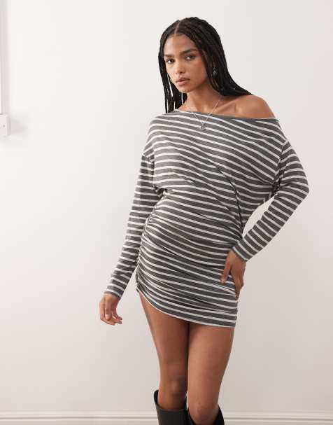 COLLUSION  off shoulder mini dress in grey stripe
