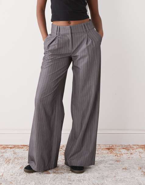 COLLUSION wide leg seam detail trouser in grey pinstripe