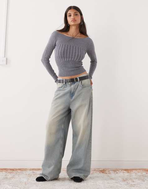 COLLUSION knitted off shoulder washed long sleeve top