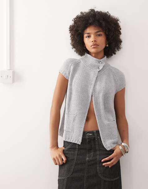 COLLUSION waffle knitted funnel neck open cardi in grey