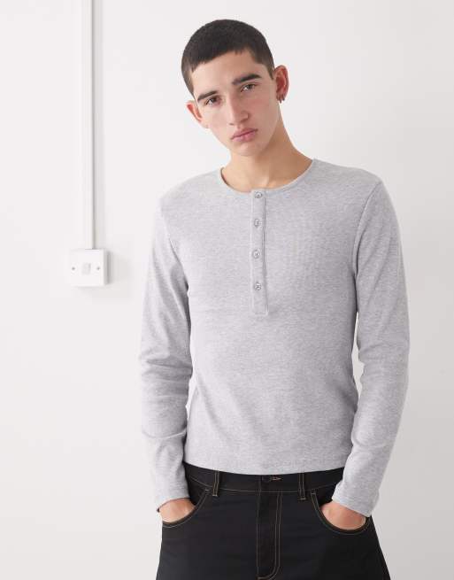 COLLUSION – Szary melanżowy prążkowany T-shirt o dopasowanym kroju z długimi rękawami i dekoltem henley