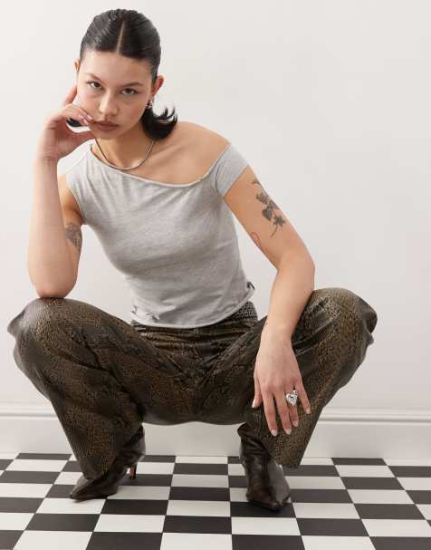 COLLUSION off shoulder short sleeve top in grey marl