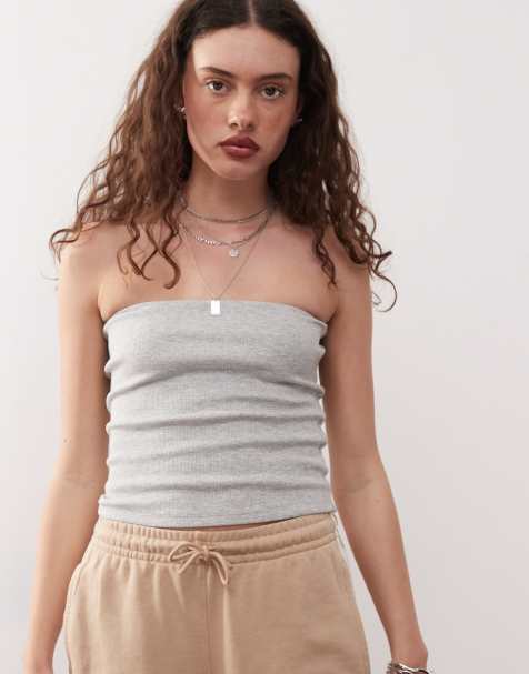 COLLUSION jersey ribbed bandeau top in grey