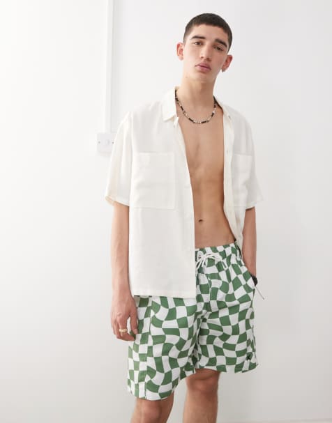 COLLUSION checker board swim short in khaki	