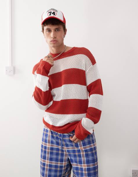 COLLUSION knitted crotchet stripe jumper in red