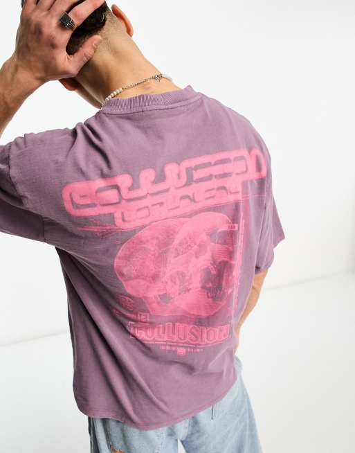 COLLUSION - T-shirt a maniche corte color mora slavato in tessuto fiammato con stampa di teschio