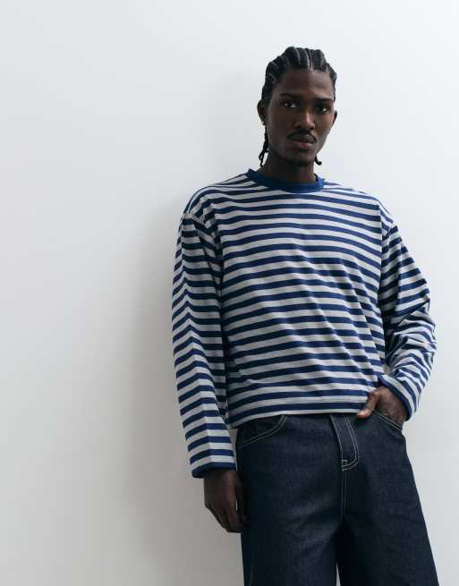 COLLUSION - T-shirt a maniche lunghe blu navy a righe, 3 di 5