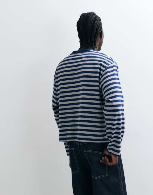 COLLUSION - T-shirt a maniche lunghe blu navy a righe, 5 di 5