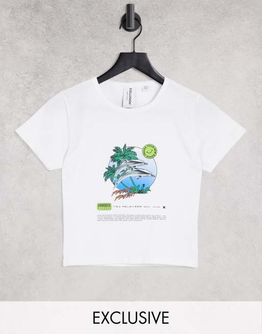 COLLUSION - T-Shirt attillata con stampa con delfini, colore bianco