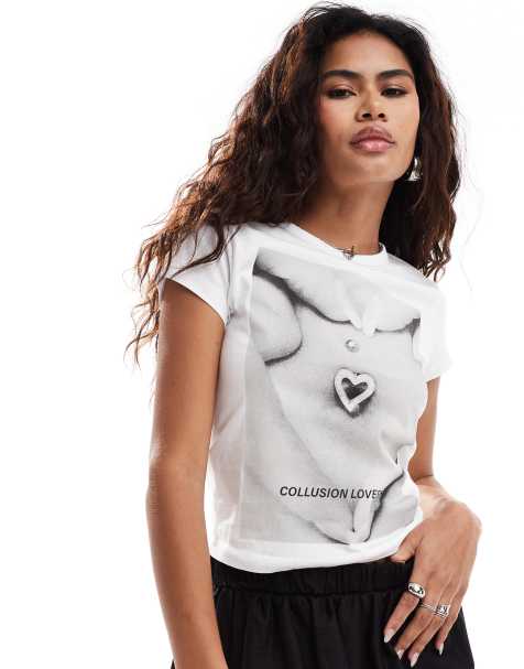 COLLUSION - T-shirt bianca con stampa e maniche ad aletta - view 1