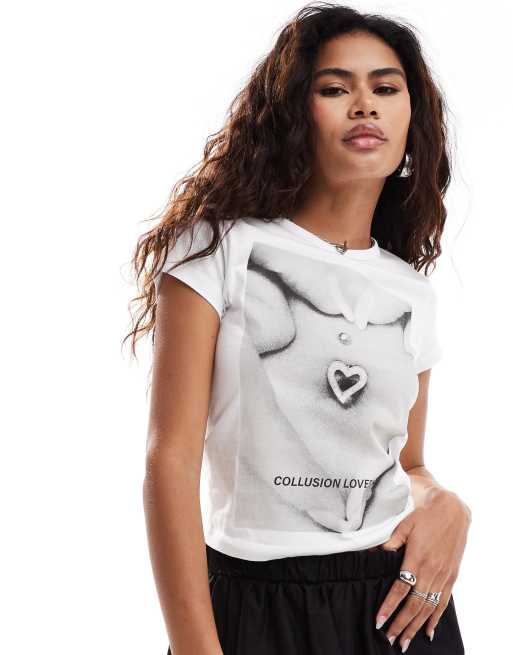 COLLUSION - T-shirt bianca con stampa e maniche ad aletta