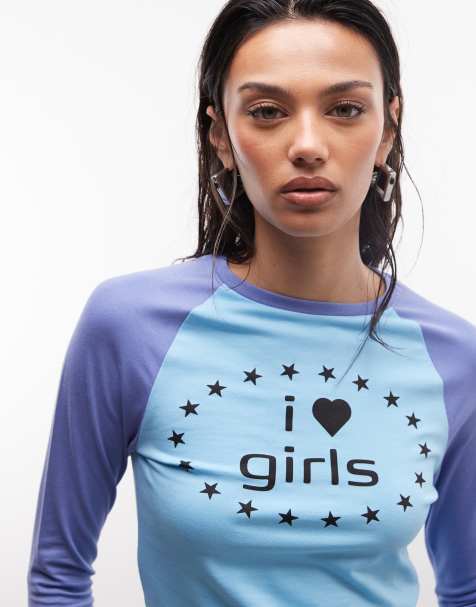 COLLUSION - T-shirt blu con scritta "i love girls" con maniche a 3/4 - view 1