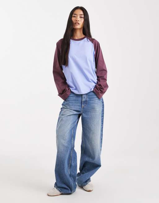 COLLUSION - T-shirt blu e marrone cioccolato oversize con maniche raglan, 2 di 4