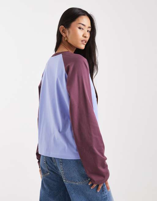 COLLUSION - T-shirt blu e marrone cioccolato oversize con maniche raglan, 4 di 4