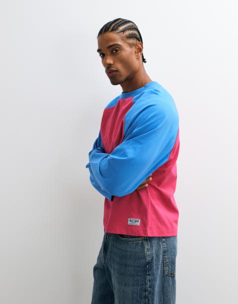 COLLUSION t-shirt boxy à manches raglan longues bordeaux et bleu - view 1