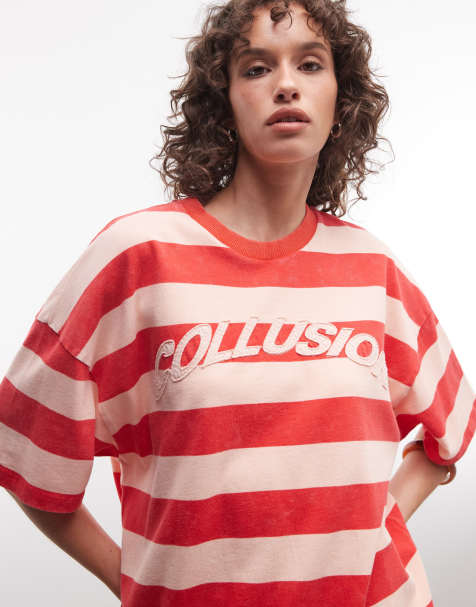 COLLUSION - T-shirt comoda rosa e rossa a righe - view 1