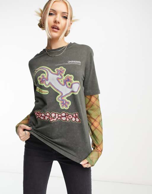 Collusion - T-shirt con maniche in rete e stampa di lucertola multicolore 
