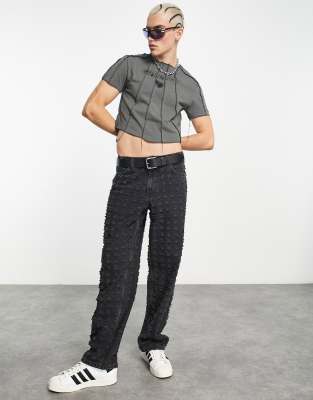 T-shirt corta grigia con stampa frontale e cuciture-Grigio - Collusion T-shirt donna  - immagine2