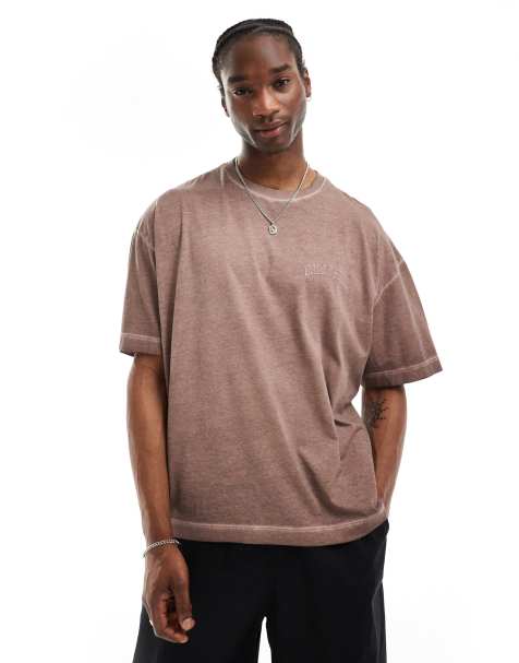 COLLUSION - T-shirt coupe skateur style universitaire - Marron délavé - view 1