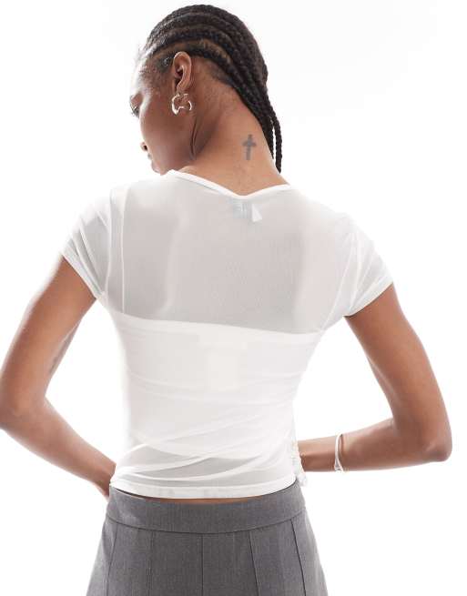 COLLUSION - T-shirt court transparent avec bordures en dentelle - Ivoire, 2 de 4