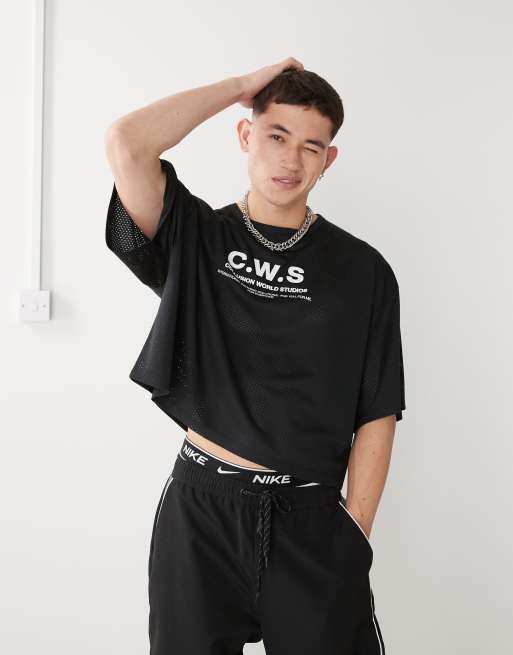 Collusion - T-shirt crop top coupe carrée en tissu airtex de sport - Noir 