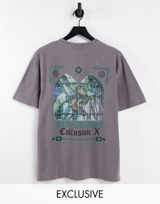 Nouveau COLLUSION - T-shirt d'ensemble en piqué avec imprimé vitrail au dos - Taupe