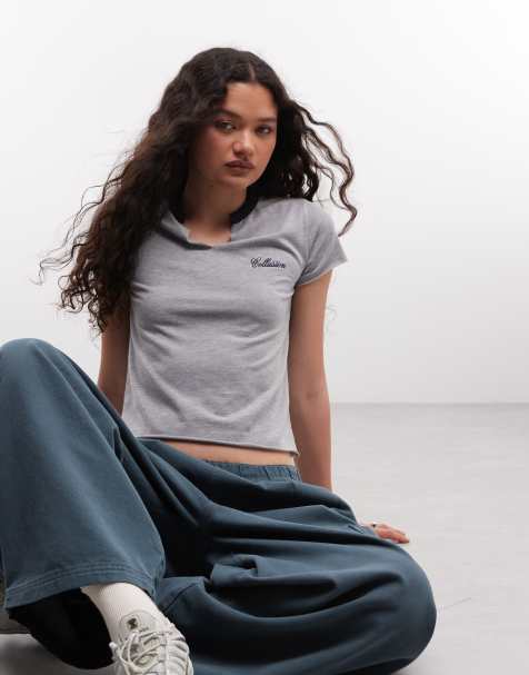 Collusion - T-shirt effet rétréci à col fendu - Gris chiné - view 1