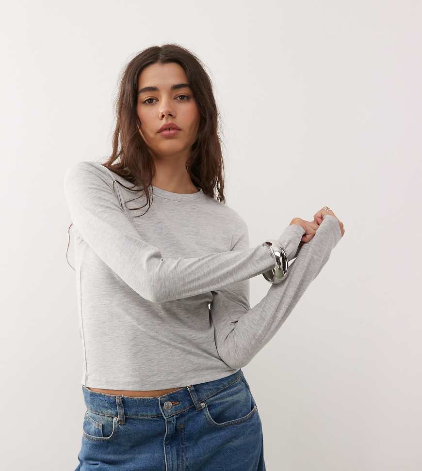 T-shirt effet rétréci à manches longues - Gris chiné S