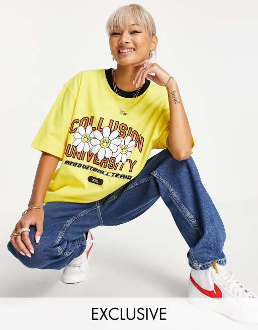 COLLUSION - T-shirt gialla con bordini a contrasto stile college con stampa con fiore