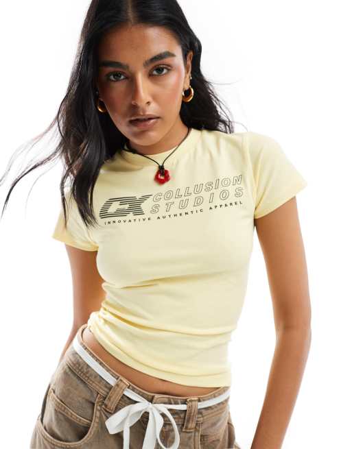 COLLUSION - T-shirt graphique effet rétréci à manches courtes - Jaune beurre