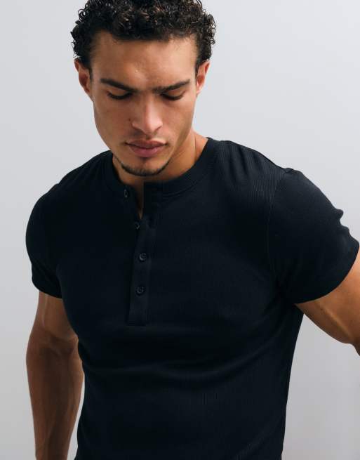 COLLUSION T-shirt henley aderente a maniche corte nera, 3 di 5