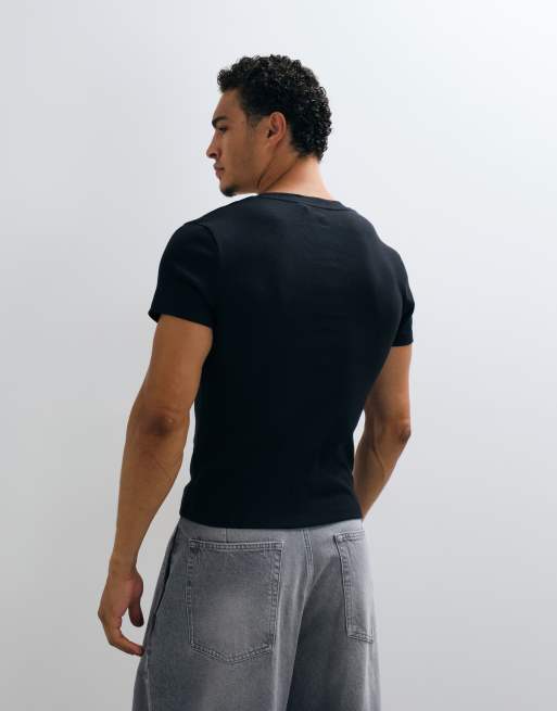 COLLUSION T-shirt henley aderente a maniche corte nera, 4 di 5