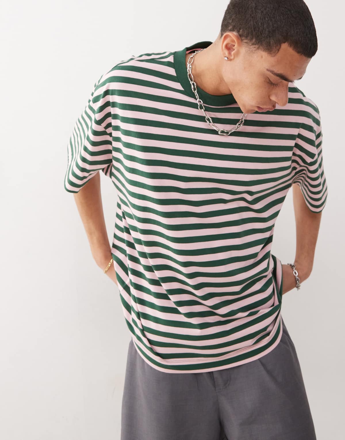 COLLUSION t-shirt in green stripe relaxed skater fit